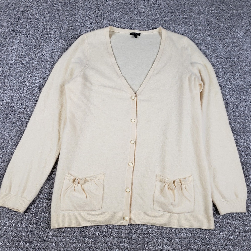 Talbots Cardigan Sweater Womens Medium Yellow Lambswool Angora Beaded Buttons